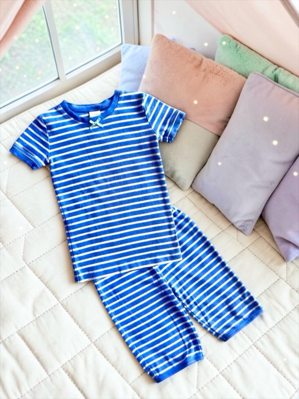 Mini Boden Girls Pajamas 🌙 Striped Short‑Sleeve + Shorts Blue Size 5Y